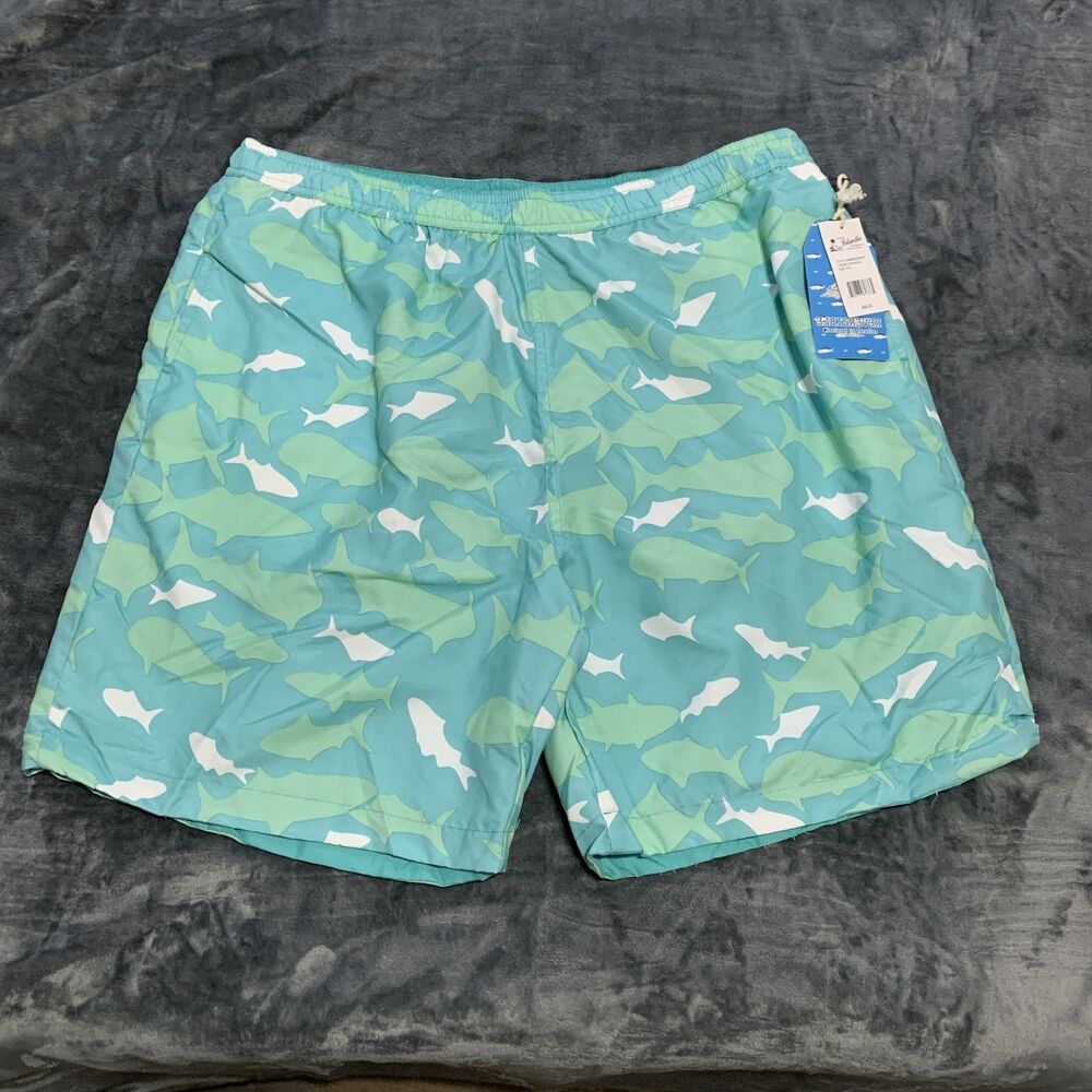 Islandia Swim Trunks Mens XXL Cyan Blue Reversible Shark Print‎ Board Shorts